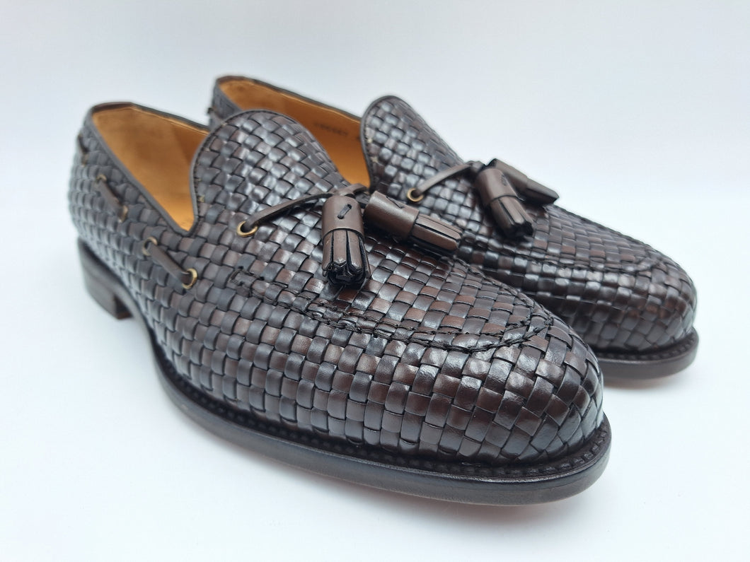 Berwick 1707 mocassini uomo in pelle intrecciata color testa di moro con nappine
